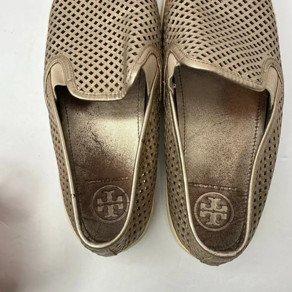 Tory Burch Women size 9.5 Metallic Gold Perforated Leather Slip On Shoes
